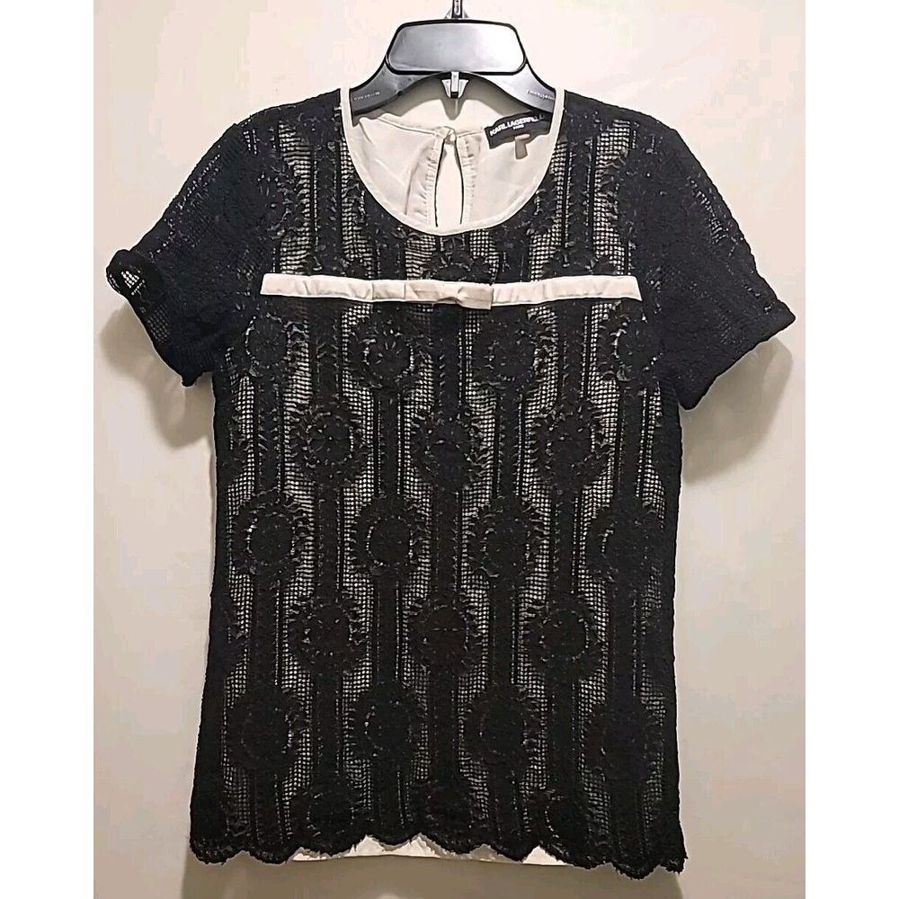 Karl Lagerfeld Lace Top Burnout Black Ivory Sz 4 Short Sleeve Career Business